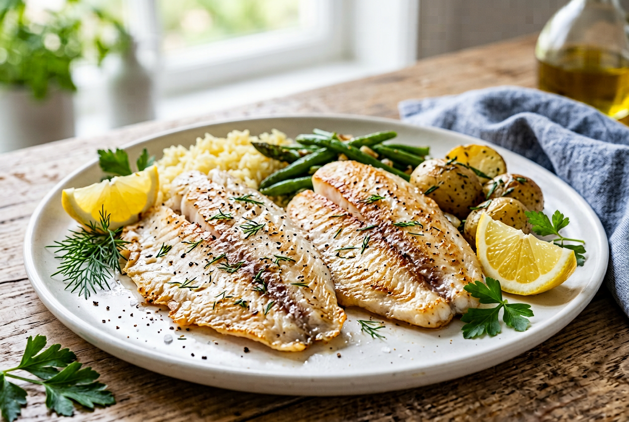 Pan-seared white fish fillets with asparagus rice and lemon butter sauce